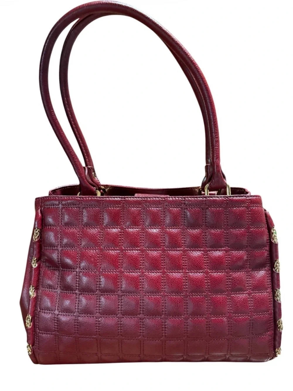 Antonio Melani Burgundy Leather Satchel Purse Gold Hardware Quilted Shoulder Bag